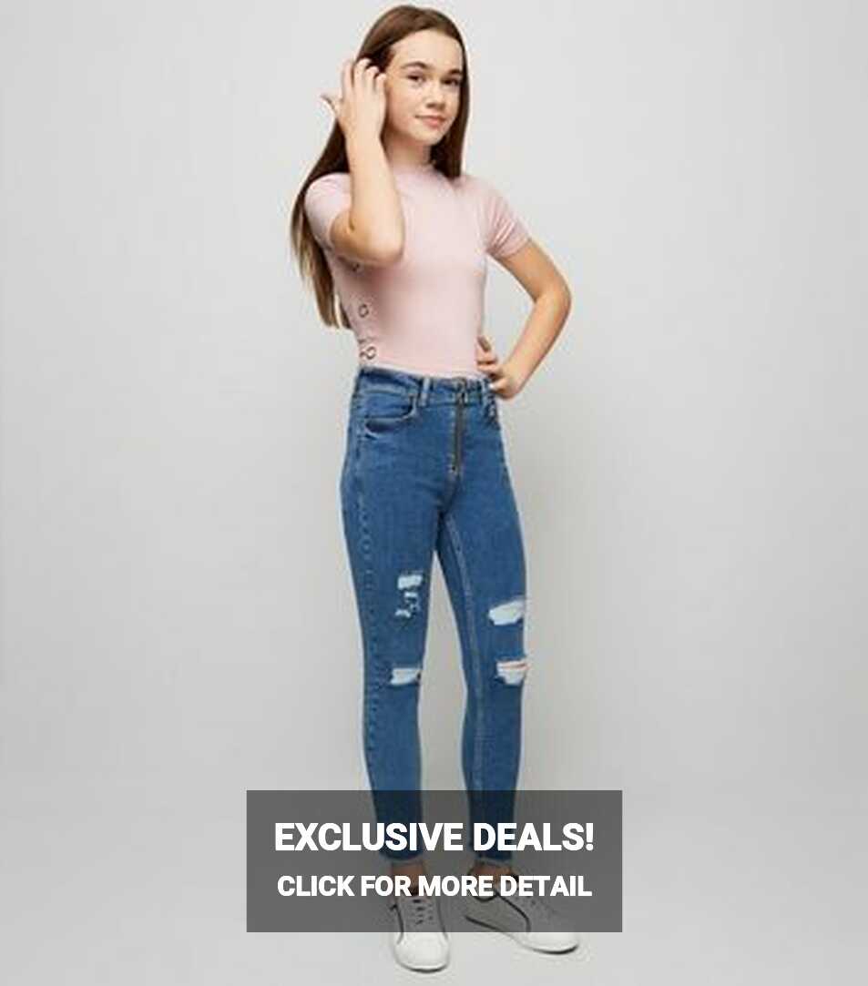 Girls Blue Ring Zip High Waist Skinny Jeans | New Look