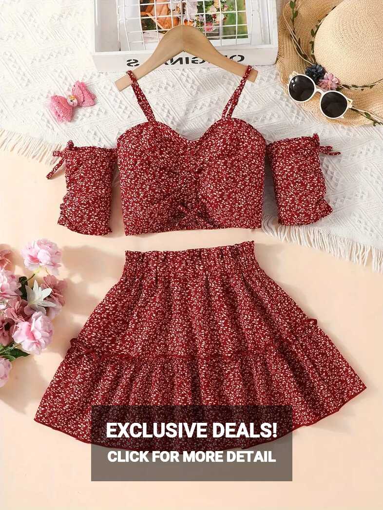 Girls Camisole Crop Top Elastic Waist Skirt Set Floral Print - Temu