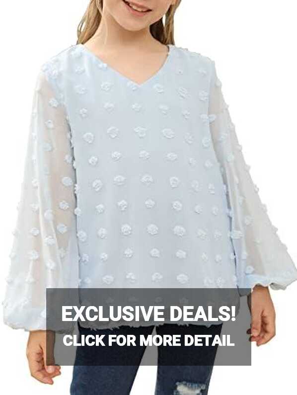 Girls Chiffon Swiss Dot Blouses Long Lantern Sleeve Casual V Neck ...