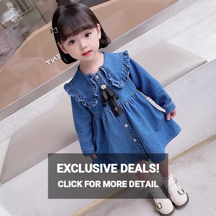 Girls Denim Korean Style Lotus Leaf Collar Dress Dresses for Kids ...