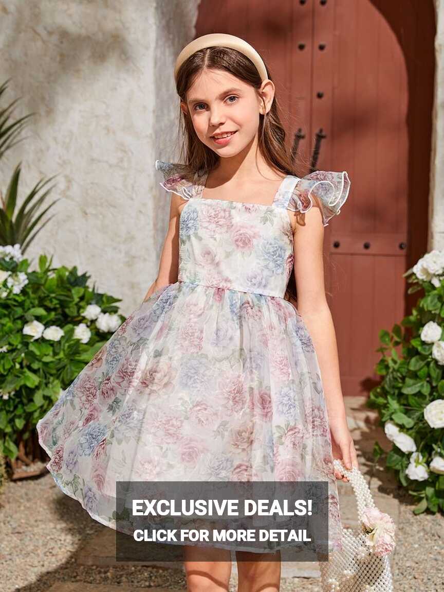 Girls Floral Print Ruffle Trim Organza Overlay Dress