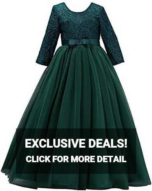 Girls Long Lace Bridesmaid Dress 3/4 Sleeves Floor Length Maxi ...