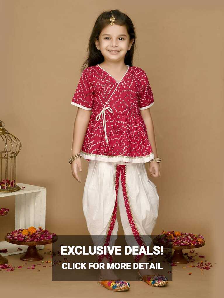 Girls Magenta Bandhani Printed Angrakha Pure Cotton Kurti with ...