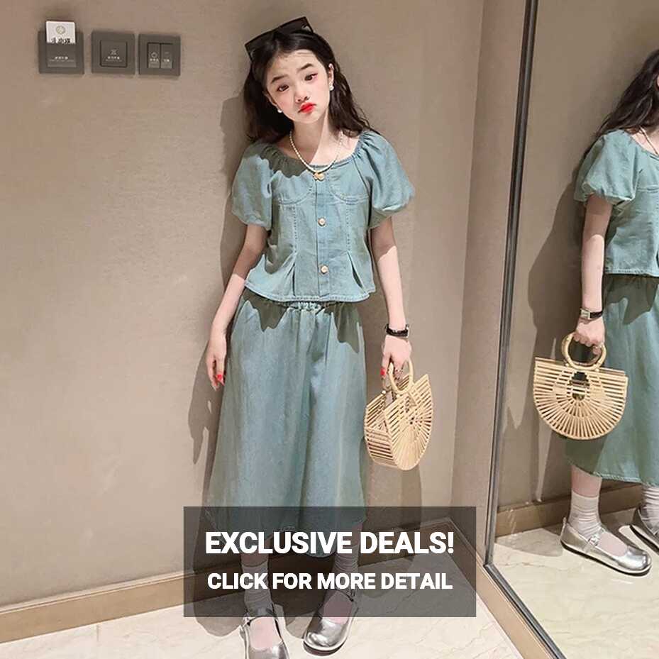 Girls Outfits Sets Summer Fashion Short Sleeve Tops Denim Skirt ...