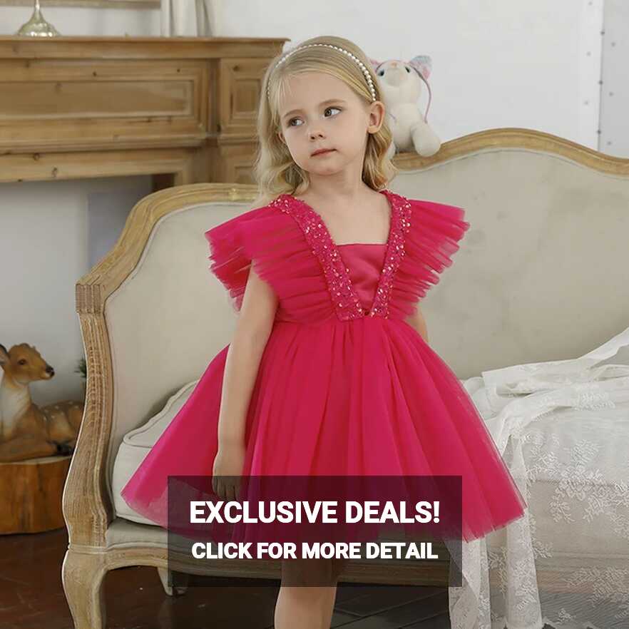 Girls Party Dress Hot Pink Sequin Ruffle Sleeve Tutu Gown Kids ...