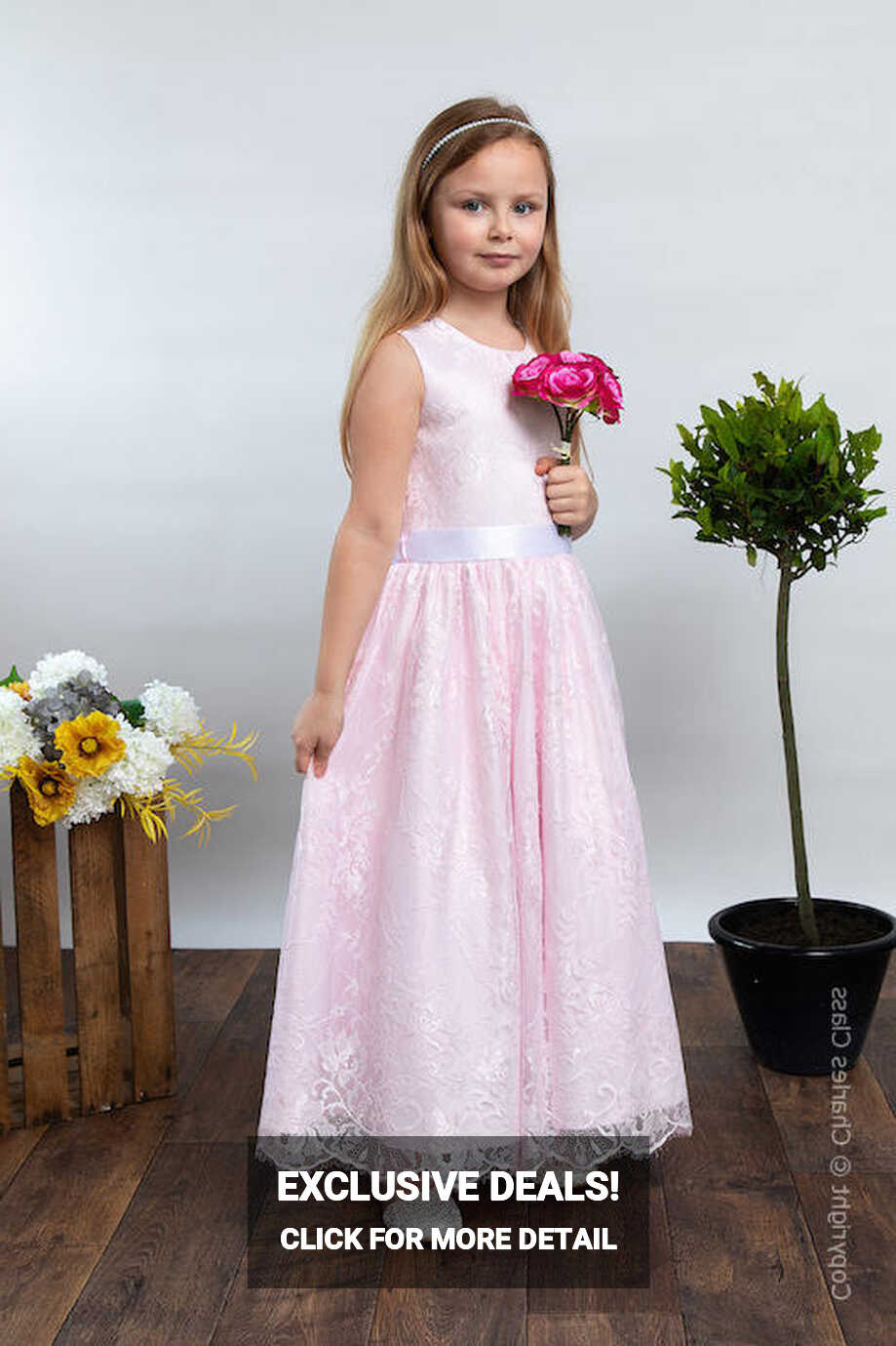 Girls Pink Eyelash Lace Flower Girl Dress with White Satin Sash