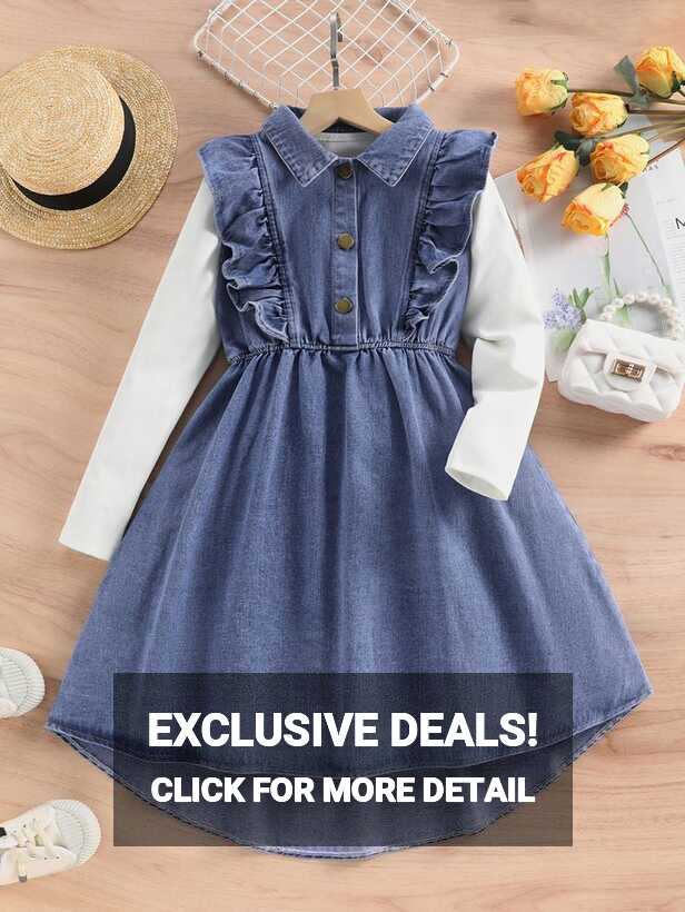 Girls Ruffle Trim High Low Hem Denim Dress Without Tee