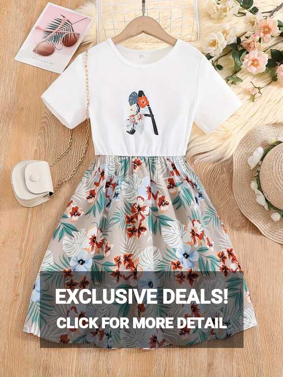 Girls Short Sleeve Flowers Graphic Spliced Casual Dress Teen - Temu