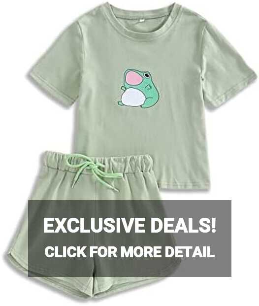 Girls Summer Cute Kawaii Frog Shirt Drawstring Shorts Set Sport T ...