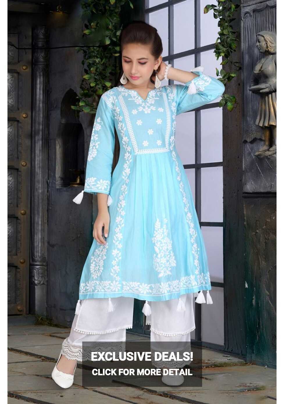 Girls lucknowee style cotton kurti and pant set -blue