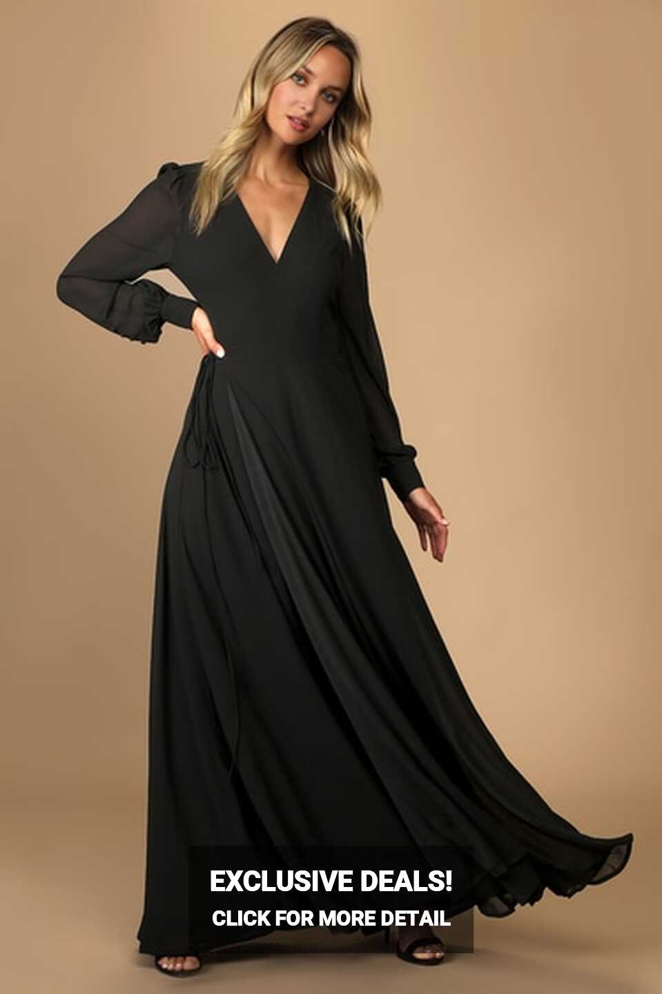 Glam Black Dress - Wrap Maxi Dress - Long Sleeve Dress - Lulus