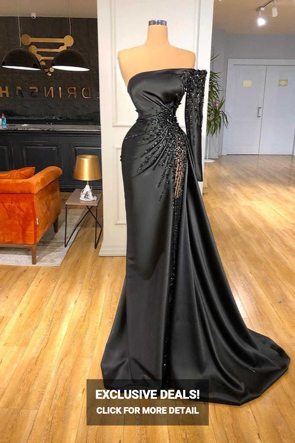 Glamorous Black Long Sleeve One Shoulder Prom Dress Beadings ...