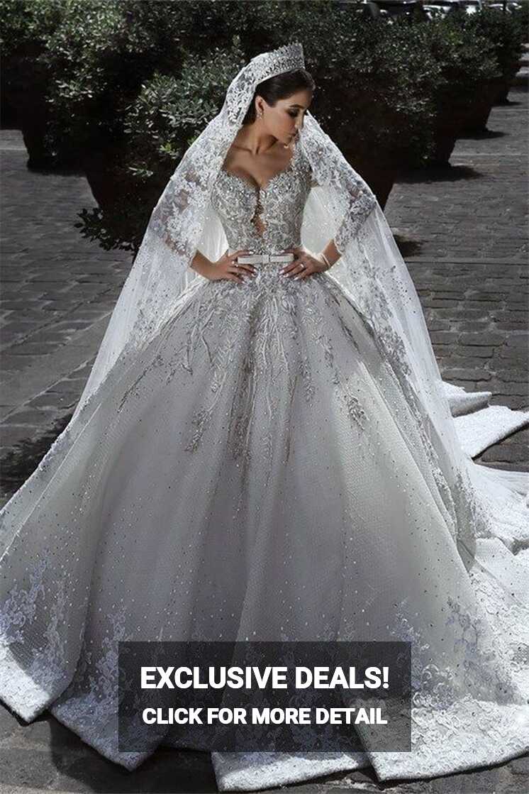 Glamorous Long Sleevess Tulle Appliques Wedding Dresses Crystal ...