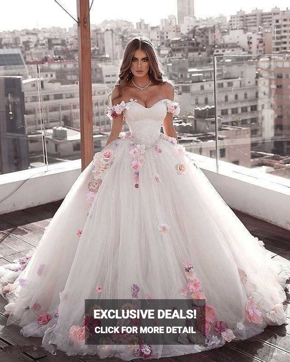 Glamorous Off Shoulder Tulle Princess Ball Weeding Dress Flowers ...