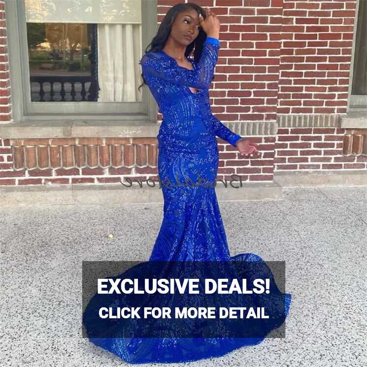 Glitter Blue Sequin Prom Dress Black Girls Sparkle V Neck Long ...