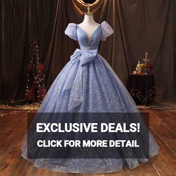 Glitter Dresses Lovely Blue Prom Dresses Puff Short Sleeves ...