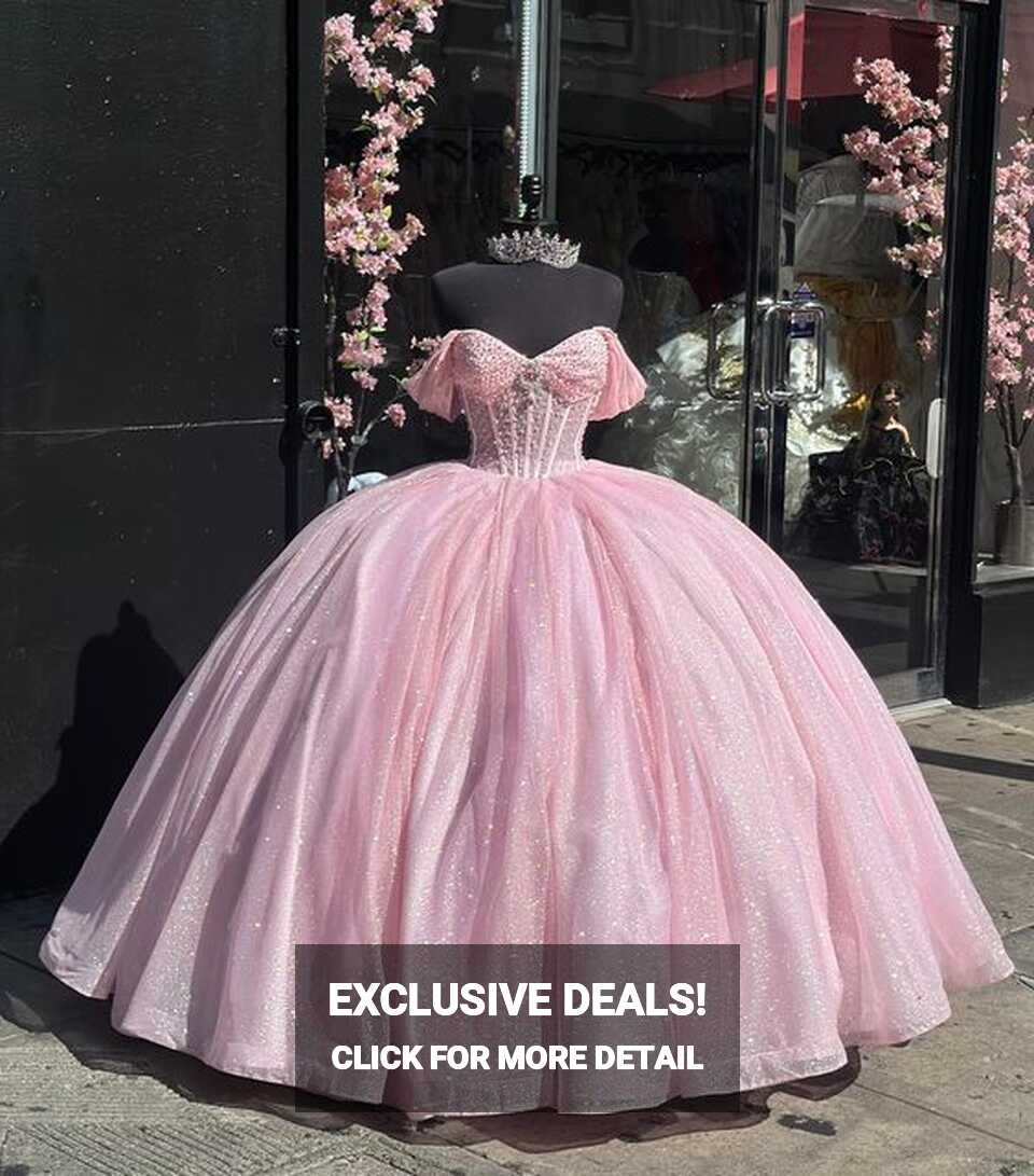 Glitter Off The Shoulder Pink Ball Gown,Pink Sweet 16 Dress,Pink ...