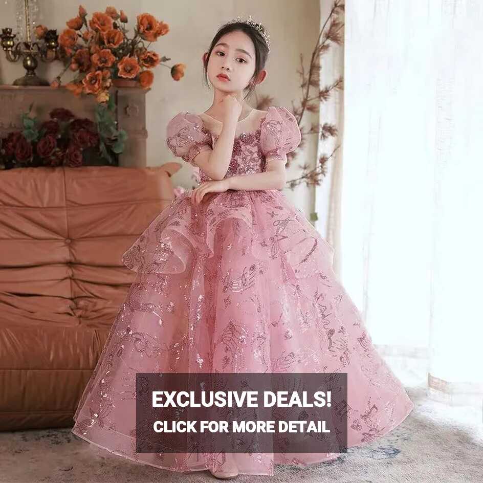 Glitter Pink Flower Sequin Baby Girl Square Puffy Dresses For ...