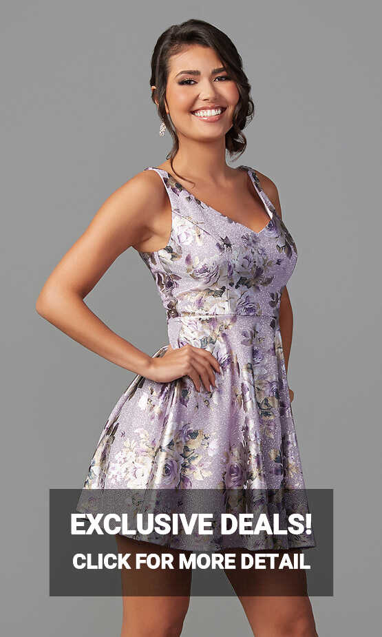 Glitter Purple Homecoming Dress with Floral Print