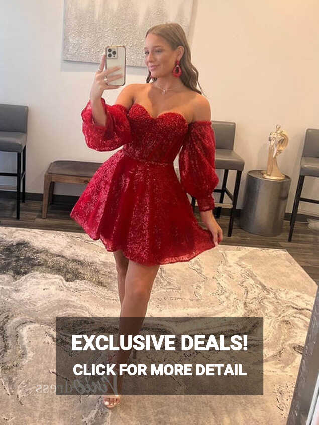 Glitter Red Homecoming Dress Long Puff Sleeve Graduation Dresses ...