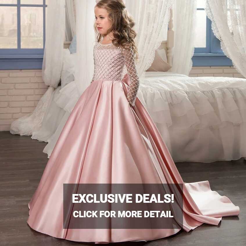 Glitter Satin Princess Flower Girl Dresses Kids Long Sleeve First ...