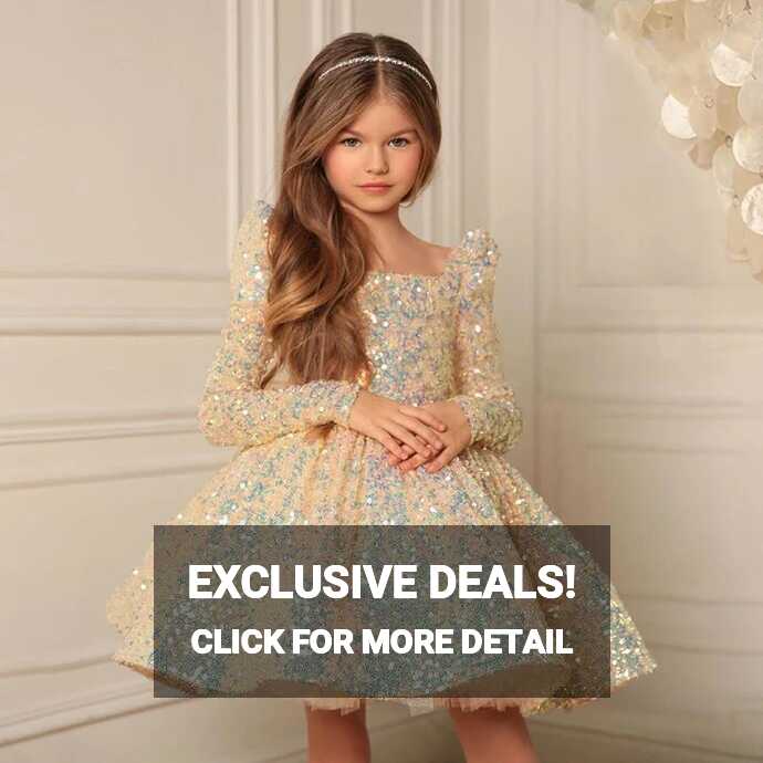 Glitter Sequin Flowers Girls Dresses Square Collar Long Sleeves ...