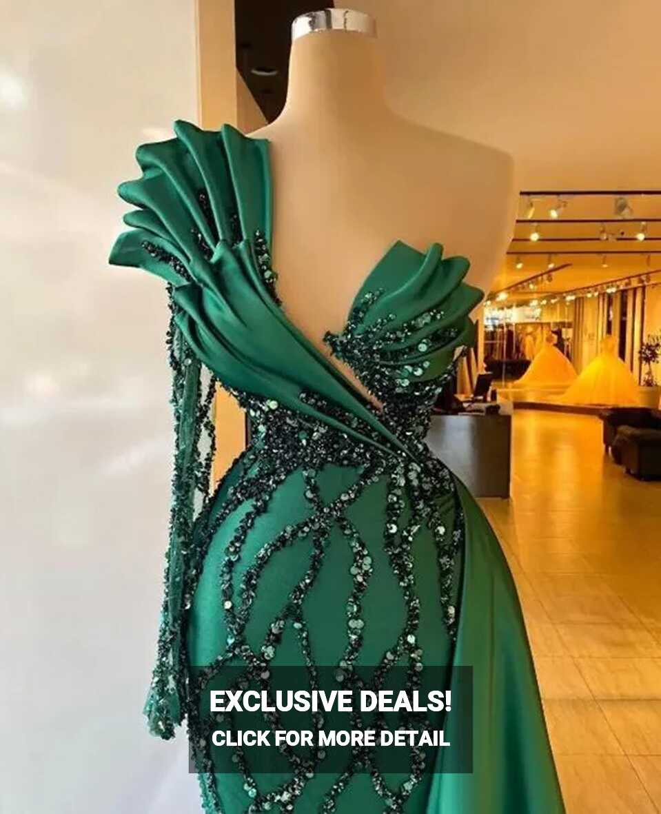 Glittery Emerald Green One Shoulder Mermaid Green Evening Dress ...