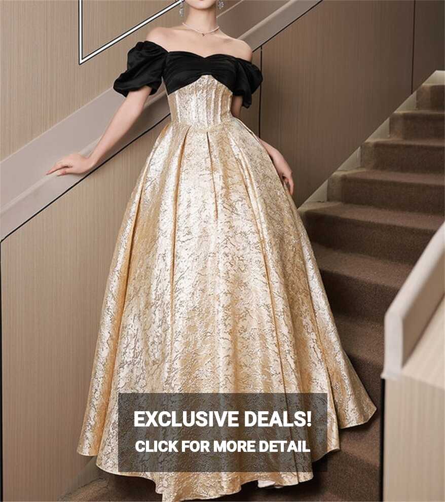 Gold Ball Gown Black Top Prom Dress Elegant Princess Dress ...