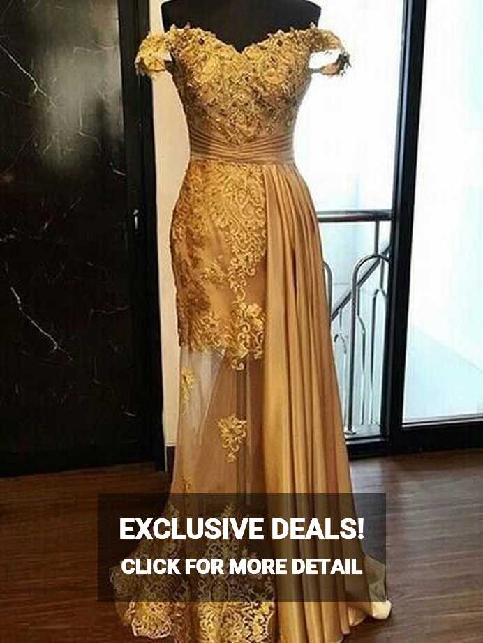 Gold Evening Dresses With Detachable Train Off-Shoulder Party ...