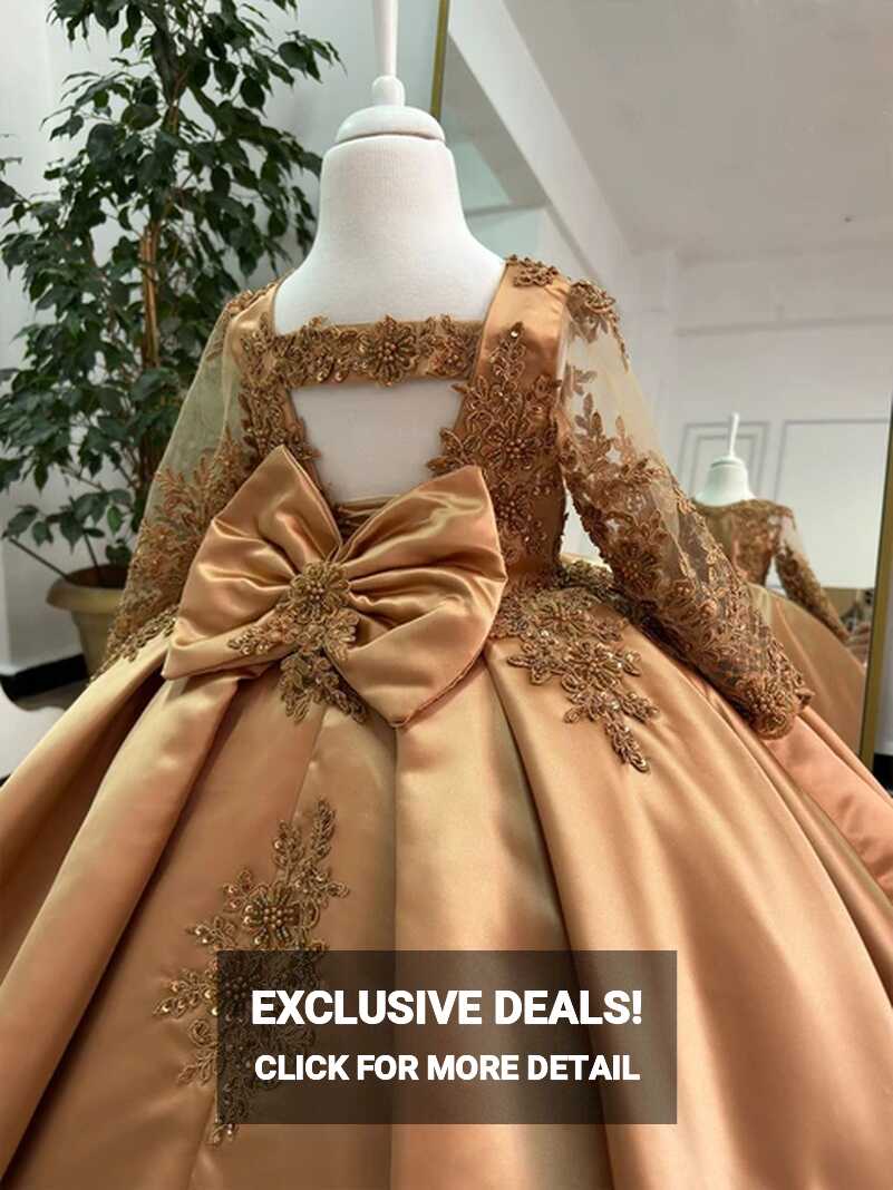 Gold Flower Girl Dress Bow Princess Dresses Lace Beaded Girl ...