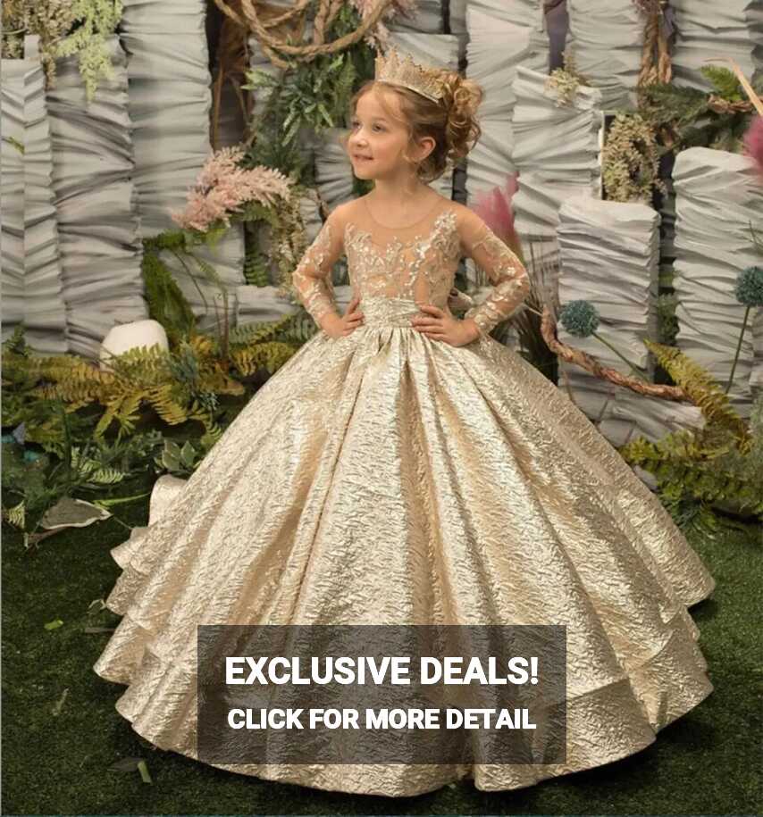 Gold Flower Girl Dress Princess Illusion Sleeve With Bow Buttons ...