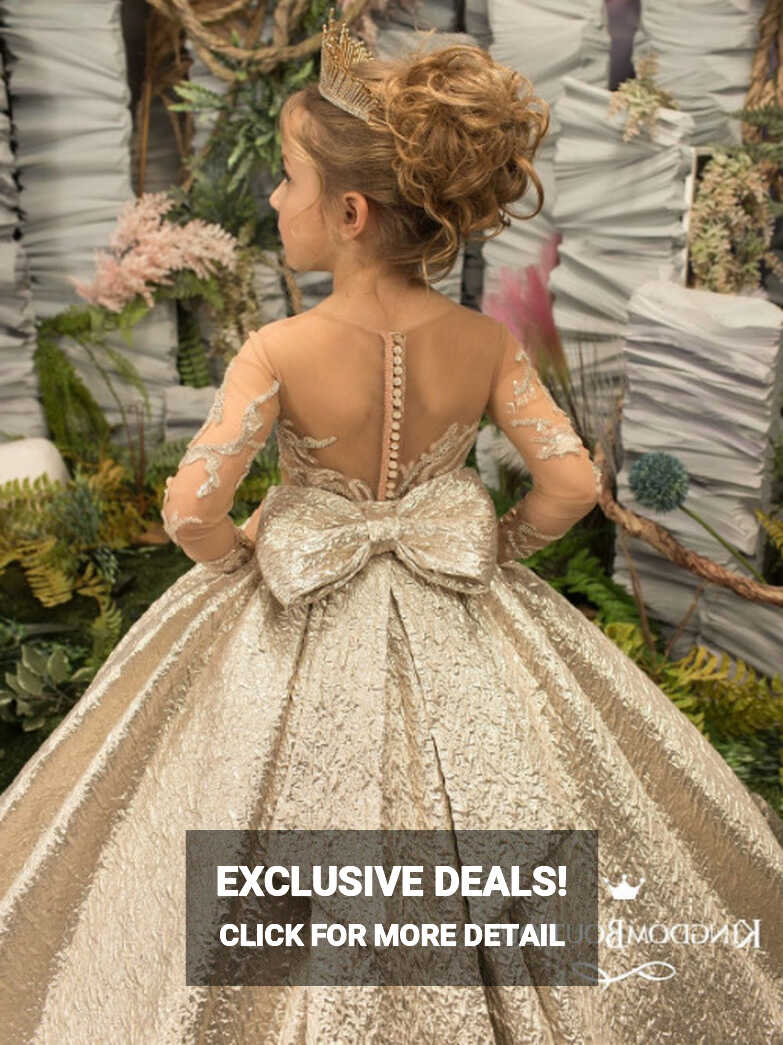 Gold Flower Girl Dresses Big Bow Appliques Full Illusion Sleeves ...