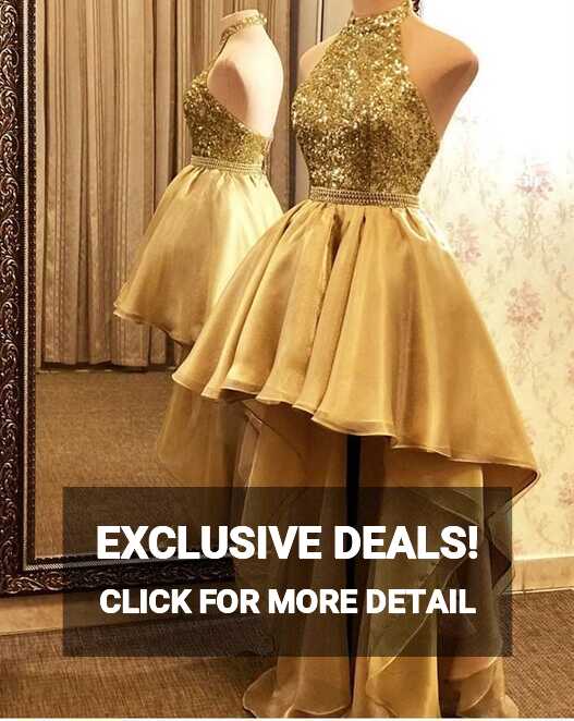 Gold High Low Sequin Organza Halter Backless Formal Evening Party ...