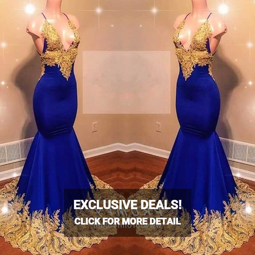 Gold Lace Appliqued Royal Blue Trumpet Prom Dress - Promfy