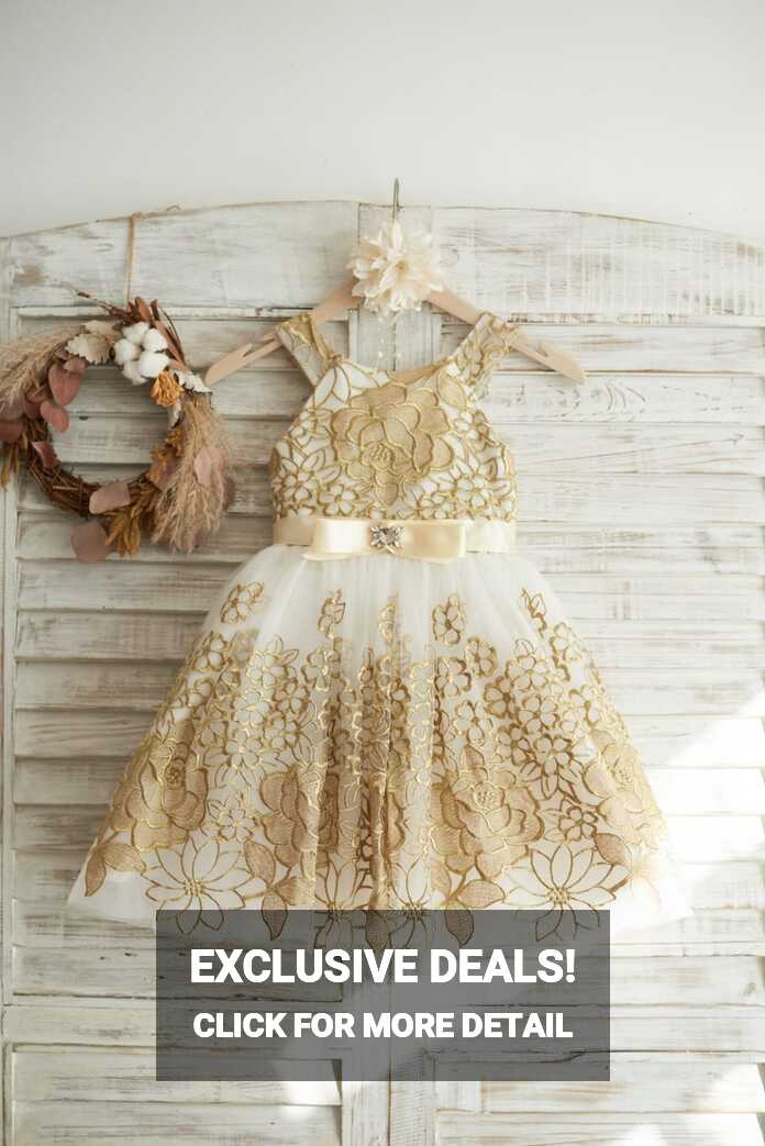 Gold Lace Ivory Tulle Straps Wedding Flower Girl Dress - Princessly