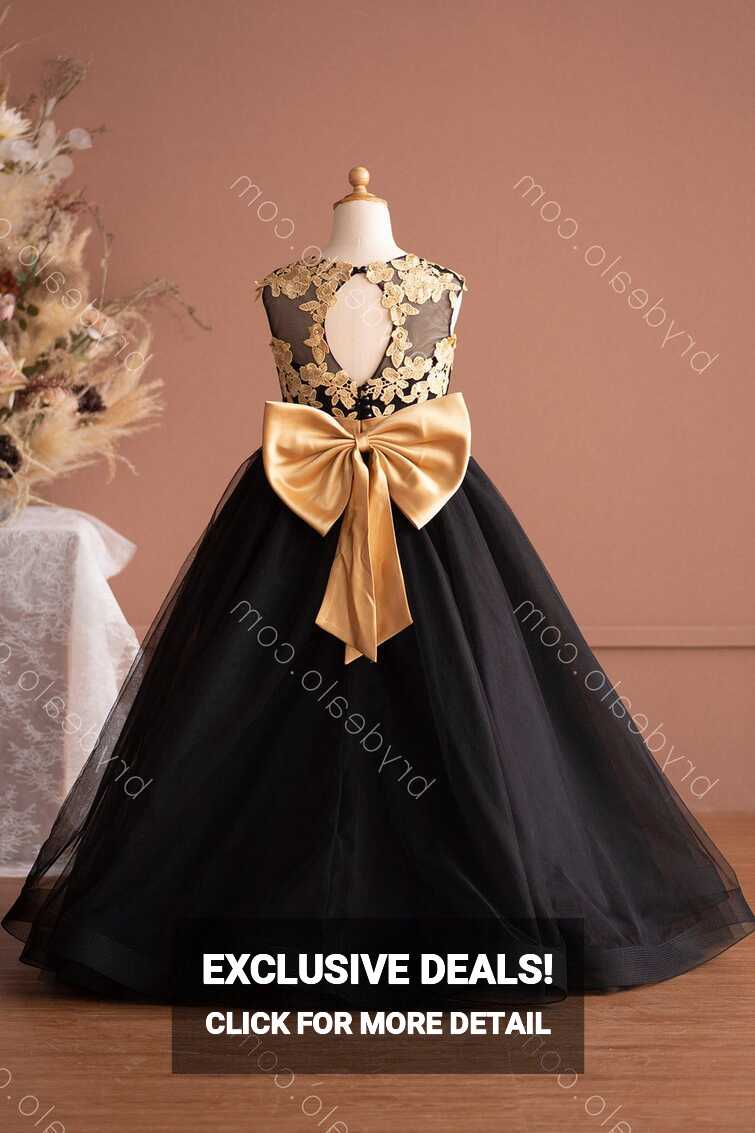 Gold Lace Pretty Bowknot Black Flower Girl Dress Online