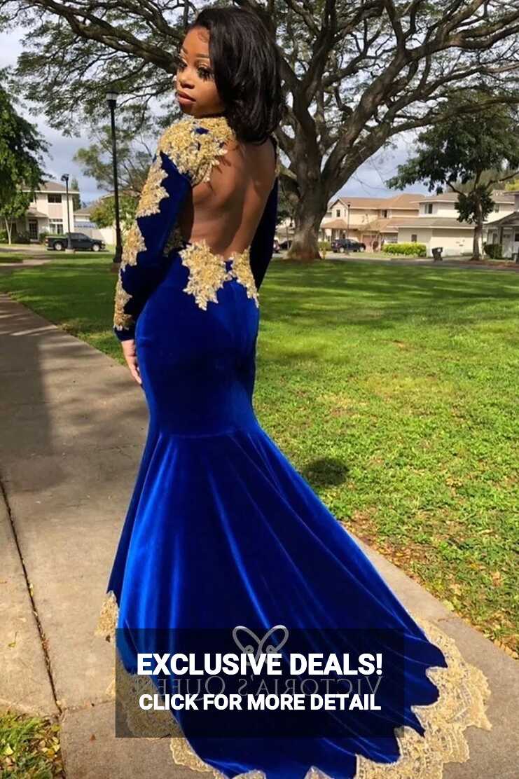 Gold Lace Royal Blue Velvet Open Back Prom Dress - VQ