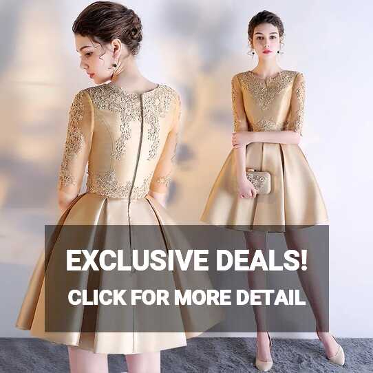 Gold Lace Satin Cocktail Dresses With Half Sleeves 2019 Knee ...