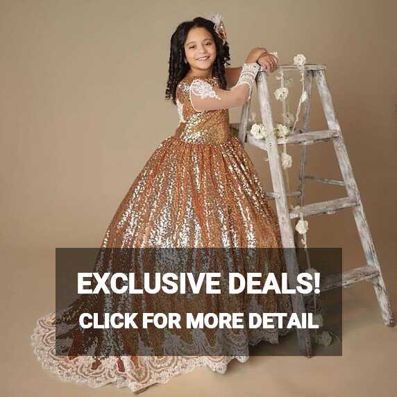 Gold Lace Sparkly Flower Girl Dresses Sequined Long Sleeves Little ...