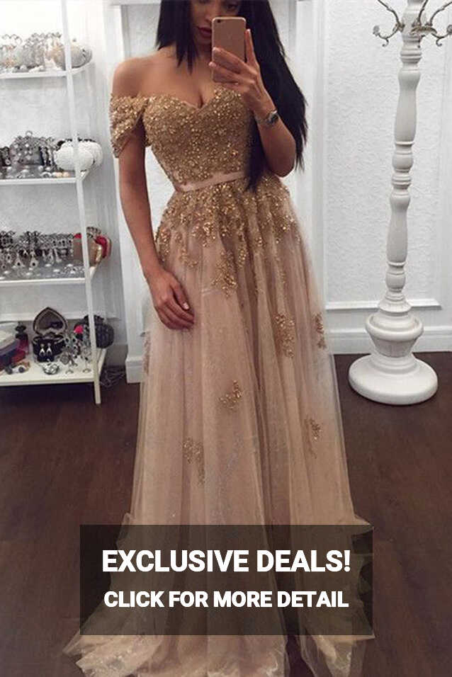 Gold Lace Tulle Beaded Sweetheart Off Shoulder Prom Dress Evening ...