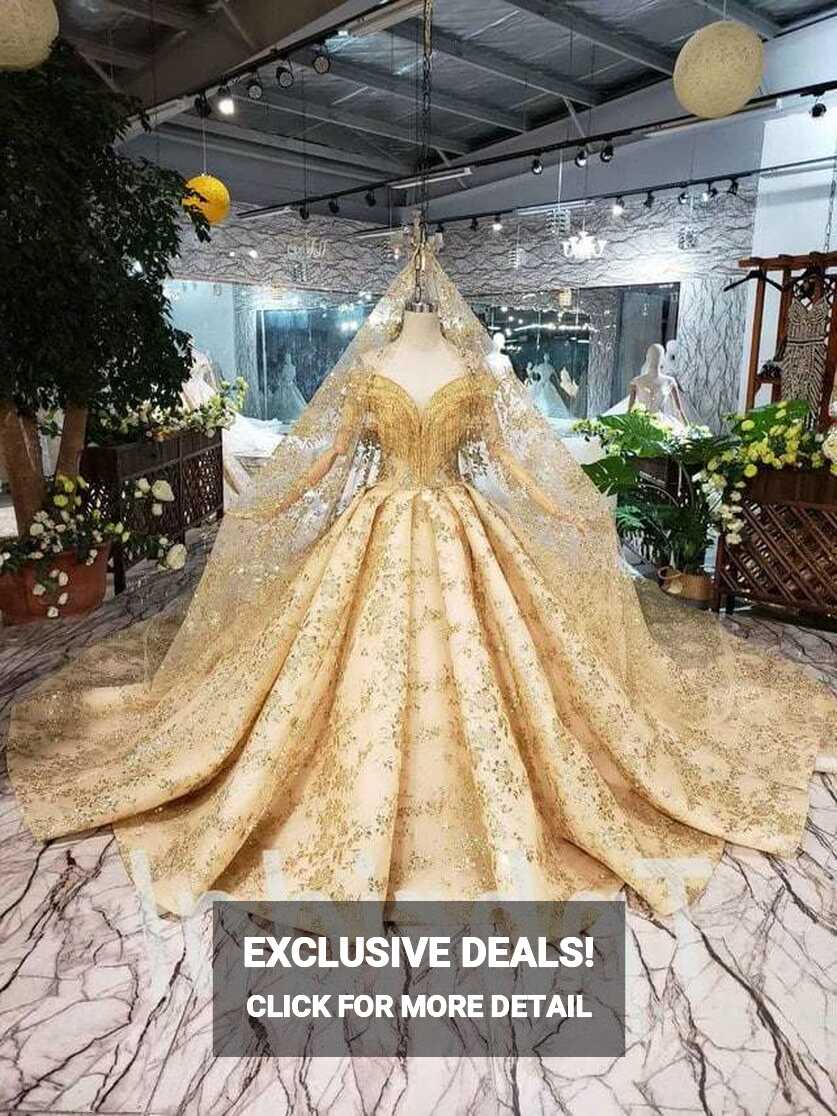 Gold Lace Wedding Dress Bling Off The Shoulder With Veil