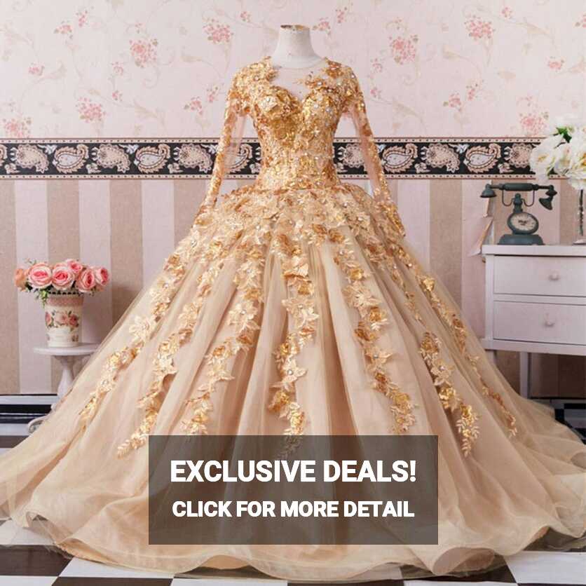 Gold Long Sleeves Wedding Dresses Ball Gowns Lace Embroidery ...