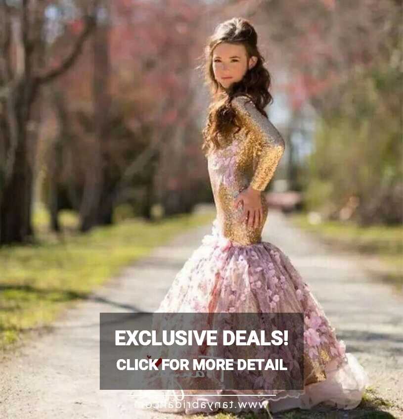 Gold Mermaid Sequined Girls Pageant Dresses Long Sleeves TBF10 ...