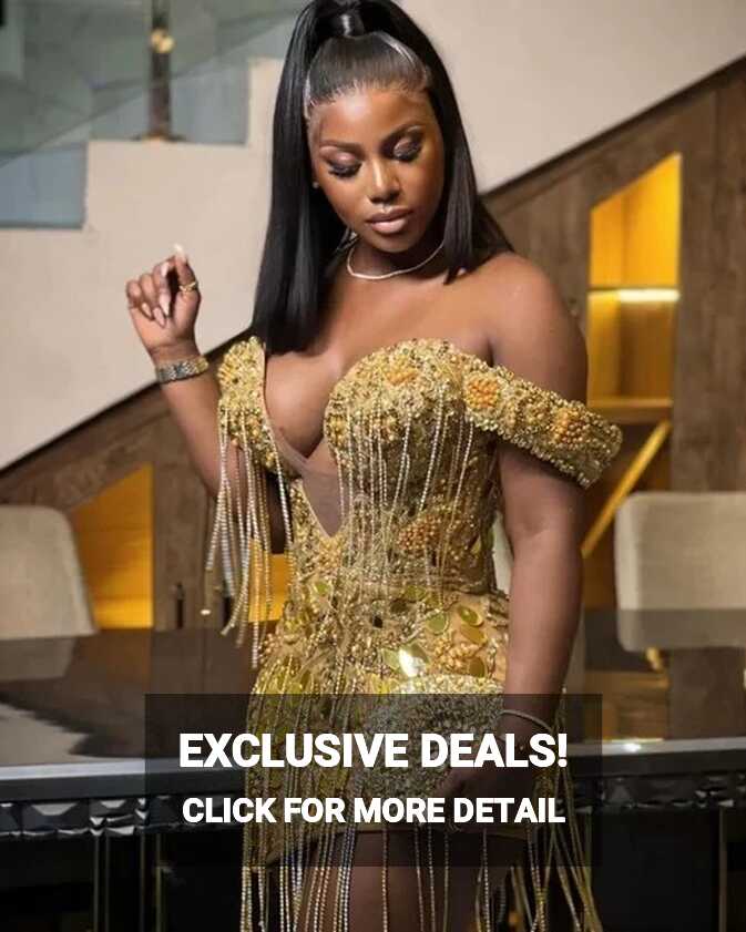 Gold Off The Shoulder Women African Cocktail Dresses Pearls ...