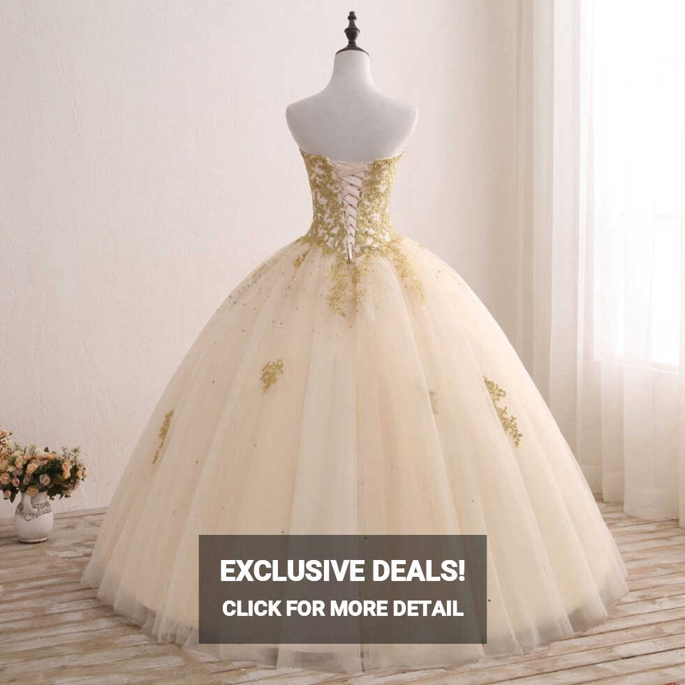 Gold Princess Ball Gown Quinceañera Lace Appliques Beaded Ball ...