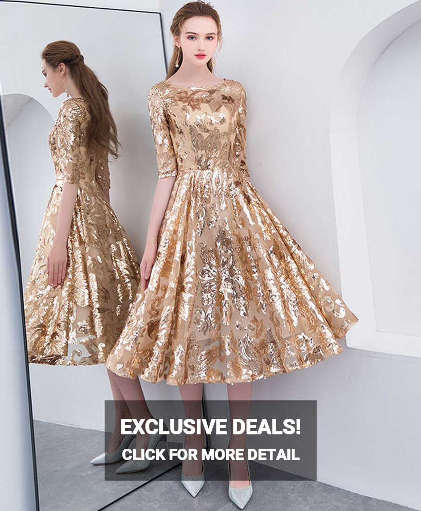 Gold Round Neck Sequin Short Prom Dress, Gold Homecoming Dress ...