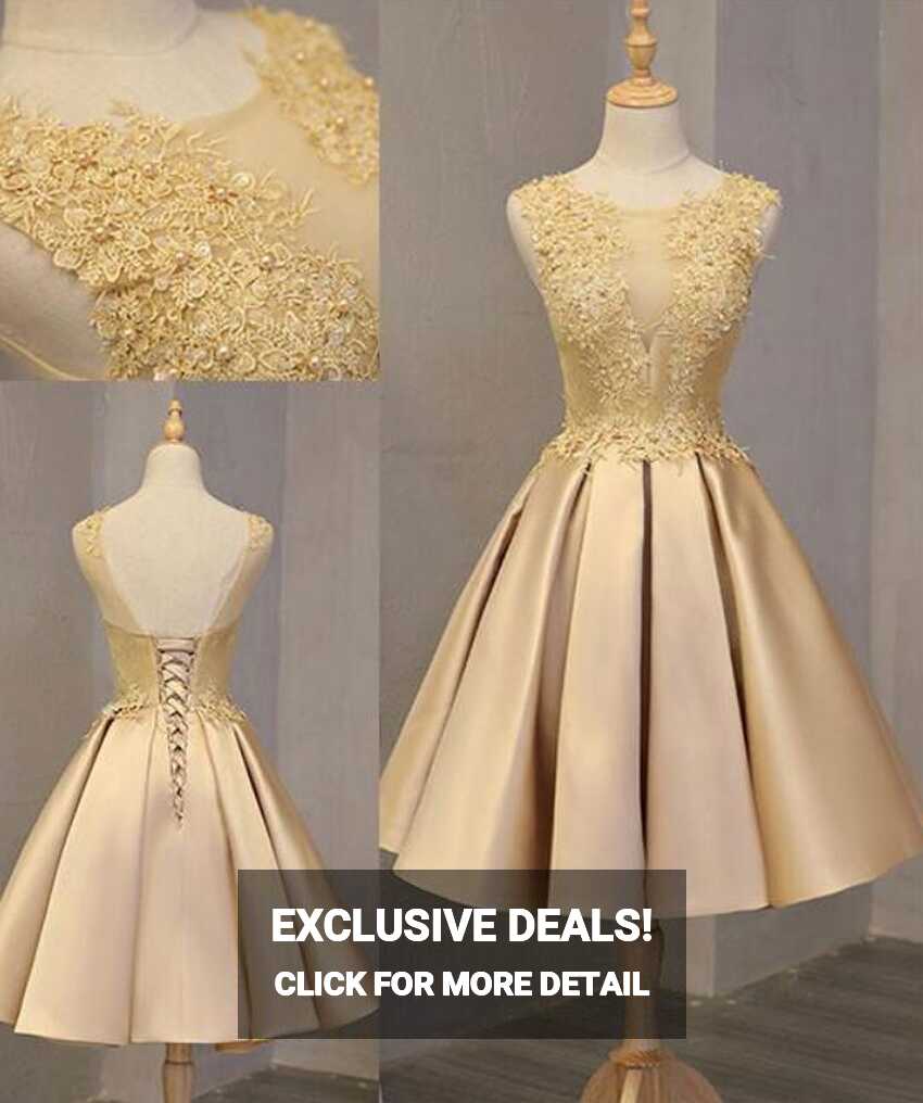 Gold Satin And Lace Short Homecoming Dresses, Charming Prom ...