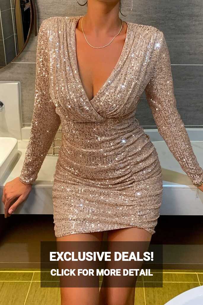 Gold Sequin Ruched Bodycon Long Sleeve Short Dress – IRHAZ