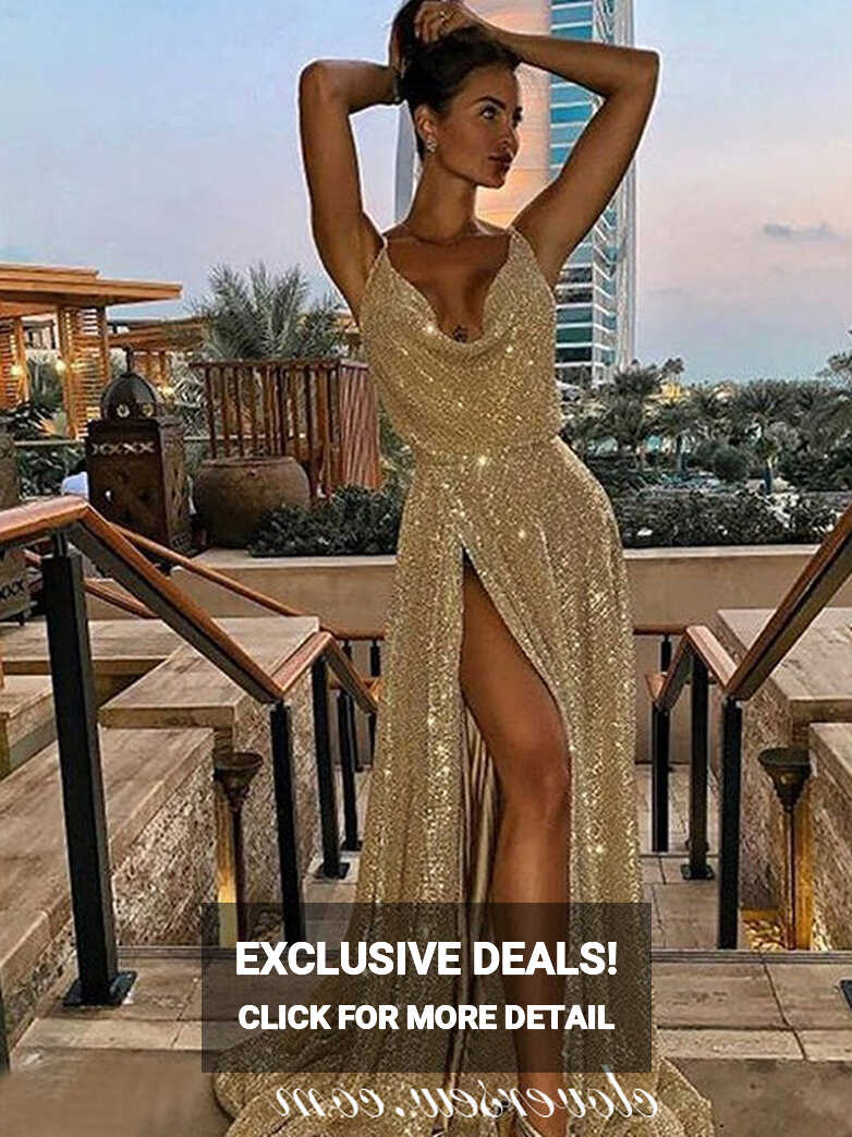 Gold Sequin Spaghetti Strap Sexy High Slit Party Dresses,CP0174 ...