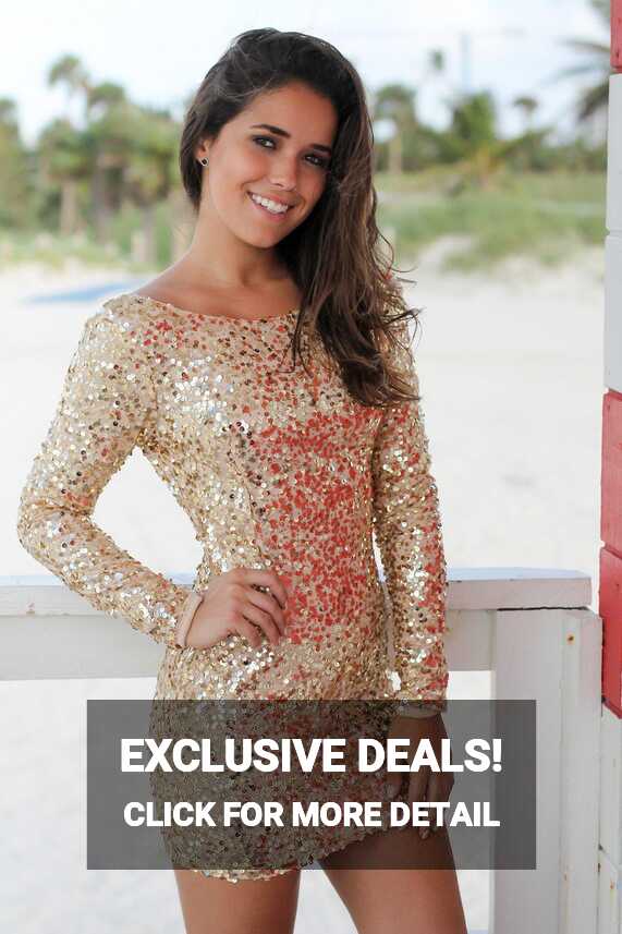 Gold Sequined Short Dress with Long Sleeves | Short Dresses ...